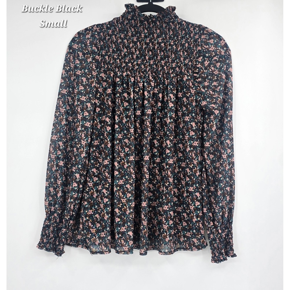 Buckle Black Small Floral Mesh Smocked Blouse Puff Sleeve Romantic Boho Summer